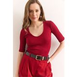 Olalook Kadın Bordo Derin V Yaka Duble Kol Esnek Pamuk Bluz BLZ-19002951
