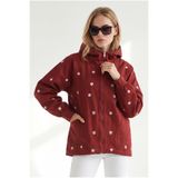 Olalook Kadın Bordo Fermuarlı Cepli Kapüşonlu Nakış Detaylı Denim Ceket CKT-19000380