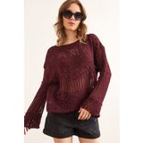 Olalook Kadın Bordo Minik Ponponlu Ajurlu Pamuk Triko Bluz BLZ-19002336
