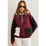 Olalook Kadın Bordo Renk Bloklu İçi Polarlı Sweatshirt SWT-19000327