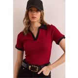 Olalook Kadın Bordo Siyah Polo Yaka Renk Detaylı Esnek Pamuk Bluz BLZ-19002920