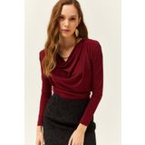 Olalook Kadın Bordo Vatkalı Pileli Degaje Yaka Bluz BLZ-19002419