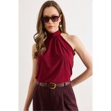 Olalook Kadın Bordo Yaka Düğmeli Halter Yaka Dökümlü Bluz BLZ-19002673