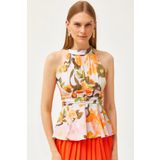 Olalook Kadın Büyük Çiçek Turuncu Halter Yaka Bel Detaylı Krep Bluz BLZ-19001505
