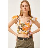 Olalook Kadın Büyük Çiçek Turuncu Yandan Fermuarlı Crop Krep Bluz BLZ-19003350
