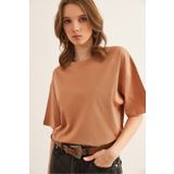 Olalook Kadın Camel Bisiklet Yaka Pamuk Tişört TSH-19000853