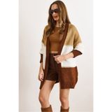 Olalook Kadın Camel Kahverengi Renk Bloklu Sim Detaylı Oversize Triko Hırka HRK-19000443