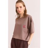 Olalook Kadın Camel Mom Nakışlı 2 İplik Oversize Tişört TSH-19000785