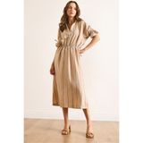 Olalook Kadın Camel Polo Yaka Beli Lastikli Çizgili Astarlı Midi Dökümlü Elbise ELB-19002511