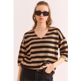 Olalook Kadın Camel V Yaka Çizgili Kısa Kol Triko Bluz BLZ-19002837