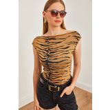 Olalook Kadın Camel Zebra Degaje Yaka Yumuşak Dokulu Esnek Viskon Bluz BLZ-19002682