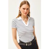 Olalook Kadın Çizgili Beyaz Polo Yaka Örme Bluz BLZ-19002563