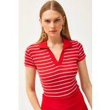 Olalook Kadın Çizgili Kırmızı Polo Yaka Örme Bluz BLZ-19002563