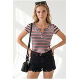 Olalook Kadın Çizgili Kırmızı Siyah Çıtçıtlı Kaşkorse Bluz BLZ-19000171
