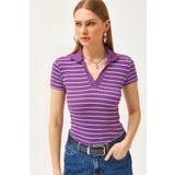 Olalook Kadın Çizgili Mor Polo Yaka Örme Bluz BLZ-19002563
