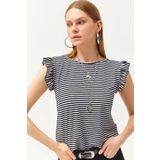 Olalook Kadın Çizgili Siyah Kolu Fırfırlı Sırtı Bağlamalı Örme Viskon Bluz BLZ-19002555