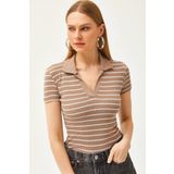 Olalook Kadın Çizgili Vizon Polo Yaka Örme Bluz BLZ-19002563