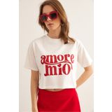 Olalook Kadın Ekru Amore Baskılı Crop Pamuk Tişört TSH-19000858