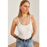 Olalook Kadın Ekru Askılı Taş Detaylı Esnek Crop Bluz BLZ-19002674