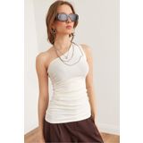 Olalook Kadın Ekru Drape Detaylı Tek Omuz Soft Touch Esnek Viskon Bluz BLZ-19002887