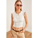 Olalook Kadın Ekru Omuz Detaylı Likralı Pamuk Crop Bluz BLZ-19002635
