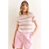 Olalook Kadın Ekru Pembe Bisiklet Yaka Çizgili Pilise Bluz BLZ-19002893