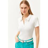 Olalook Kadın Ekru Polo Yaka Düğmeli Likralı Bluz BLZ-19002558