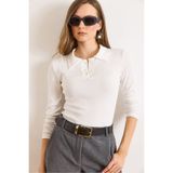 Olalook Kadın Ekru Polo Yaka Düğmeli Uzun Kol Pamuk Bluz BLZ-19003170