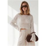 Olalook Kadın Ekru Pullu Ajurlu Crop Triko Bluz BLZ-19003423