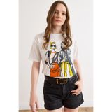 Olalook Kadın Ekru Renkli Baskılı Regular Fit Tişört TSH-19000968