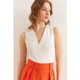 Olalook Kadın Ekru Yaka Garnili Crop Fitilli Bluz BLZ-19002850