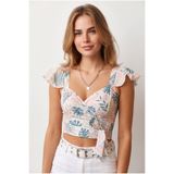 Olalook Kadın Ekru Yandan Fermuarlı Crop Krep Bluz BLZ-19003350