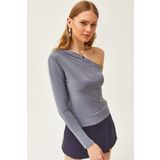 Olalook Kadın Füme Asimetrik Yaka Likralı Sandy Bluz BLZ-19002484