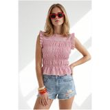 Olalook Kadın Fuşya Gipeli Crop Pötikare Dokuma Bluz BLZ-19003364