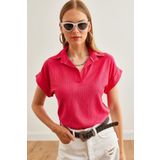 Olalook Kadın Fuşya Katlamalı Kol Polo Yaka Bluz BLZ-19002677