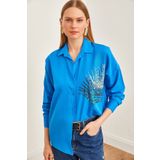 Olalook Kadın Gök Mavi Palmiye Pul Detaylı Oversize Dokuma Poplin Gömlek GML-19001016