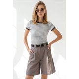 Olalook Kadın Gri Çizgili Renk Detaylı Crop Pamuk Tişört TSH-19001019