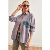 Olalook Kadın Gri Palmiye Pul Detaylı Oversize Dokuma Poplin Gömlek GML-19001016