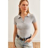 Olalook Kadın Gri Polo Yaka Düğmeli Likralı Bluz BLZ-19002558