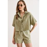 Olalook Kadın Haki Altı Oval Loose Fit Pamuk Flam Gömlek GML-19001437