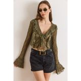 Olalook Kadın Haki Bağlama Detaylı Boho Dantel Bluz BLZ-19003228