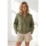 Olalook Kadın Haki Cepli Omuz Detaylı Oversize Fermuarlı Gabardin Ceket CKT-19000536