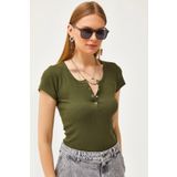 Olalook Kadın Haki Çıtçıtlı Kaşkorse T-Shirt BLZ-19000171