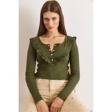 Olalook Kadın Haki Fırfırlı Patlı Kaşkorse Bluz BLZ-19001667