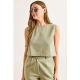 Olalook Kadın Haki Flam Keten Crop Bluz BLZ-19002925