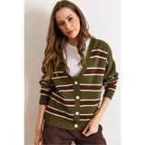 Olalook Kadın Haki Kahve Çizgili Oversize Triko Hırka HRK-19000446