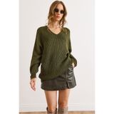 Olalook Kadın Haki V Yaka Selanik Örgü Oversize Triko Tunik TNK-19000081