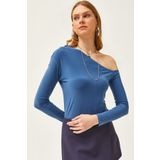 Olalook Kadın İndigo Asimetrik Yaka Likralı Sandy Bluz BLZ-19002484