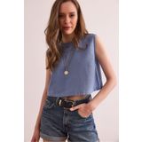 Olalook Kadın İndigo Flam Keten Crop Bluz BLZ-19002925