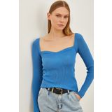 Olalook Kadın İndigo Öpücük Yaka Crop Triko Bluz BLZ-19001690
